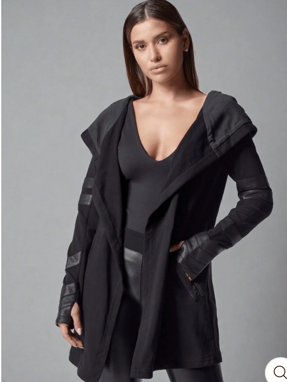 Blanc Noir- Maitri Wrap Jacket w/Silk Lined Hood/Vegan Leather Details -Medium